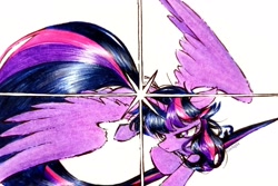 Size: 3257x2172 | Tagged: safe, artist:liaaqila, twilight sparkle, alicorn, pony, g4, female, mare, signature, simple background, solo, spread wings, traditional art, twilight sparkle (alicorn), white background, wings