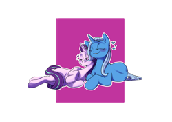 Size: 4960x3508 | Tagged: safe, artist:doofrabbit, starlight glimmer, trixie, pony, unicorn, g4, duo, duo female, eyes closed, female, heart, horn, lesbian, lying down, mare, ship:startrix, shipping, snuggling