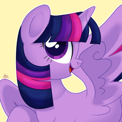 Size: 4000x4000 | Tagged: safe, artist:fizzlefer, twilight sparkle, alicorn, pony, g4, bust, cute, female, looking at you, mare, one wing out, open mouth, open smile, signature, simple background, smiling, smiling at you, solo, turned head, twiabetes, twilight sparkle (alicorn), wings, yellow background