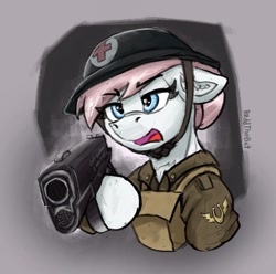 Size: 1143x1135 | Tagged: safe, artist:reddthebat, nurse redheart, earth pony, pony, redd's great war universe, g4, bust, clothes, dexterous hooves, ear fluff, eyebrows, eyebrows visible through hair, female, floppy ears, furrowed brow, gun, handgun, helmet, hoof hold, mare, medic, open mouth, pistol, signature, solo, uniform