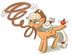 Size: 1754x1240 | Tagged: safe, artist:jully-park, applejack, earth pony, pony, g4, apple, applejack's hat, cowboy hat, female, food, hat, lasso, looking up, mare, mouth hold, narrowed eyes, one leg raised, raised leg, rope, simple background, solo, white background