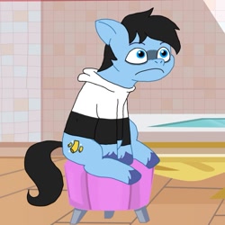 Size: 1011x1011 | Tagged: safe, artist:shucku, edit, edited screencap, screencap, oc, oc:makaroni, earth pony, pony, g5, my little pony: tell your tale, base used, clothes, cropped, female, frown, hoodie, indoors, male, mare, sitting, solo, stallion, unshorn fetlocks