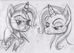 Size: 2788x2009 | Tagged: safe, artist:ciaran, derpibooru exclusive, trixie, pony, unicorn, g4, bust, cape, clothes, eyebrows, female, frown, horn, lidded eyes, looking at you, looking sideways, mare, mascara, missing accessory, pencil drawing, raised eyebrow, simple background, sketch, smiling, teeth, traditional art, trixie's cape