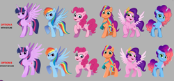 Size: 965x448 | Tagged: source needed, useless source url, safe, misty brightdawn, pinkie pie, pipp petals, rainbow dash, sunny starscout, twilight sparkle, alicorn, earth pony, pegasus, pony, unicorn, g4, g5, leak, camp cutie mark, horn, mane stripe sunny, raised hoof, rebirth misty, simple background, spread wings, standing, standing on two hooves, sunny's bag, twilight sparkle (alicorn), wings