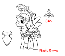 Size: 590x510 | Tagged: safe, flash magnus, pegasus, pony, g4, leak, concept art, early design, male, netitus, scar, shield, simple background, solo, stallion, white background