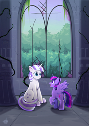 Size: 1241x1755 | Tagged: safe, artist:willoillo, twilight sparkle, twilight velvet, alicorn, pony, unicorn, g4, castle of the royal pony sisters, duo, duo female, female, horn, indoors, mare, mother and child, mother and daughter, size difference, twilight sparkle (alicorn)