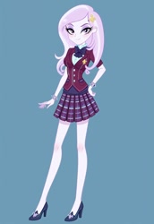 Size: 960x1392 | Tagged: safe, artist:lobo299, fleur-de-lis, human, equestria girls, g4, background human, clothes, crystal prep academy, crystal prep academy uniform, crystal prep shadowbolts, curvy, cutie mark accessory, cutie mark hair accessory, female, hair accessory, hairclip, high heels, hourglass figure, legs, long legs, miss fleur is trying to seduce us, school uniform, she got legs, shoes, simple background, teal background, thin