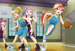 Size: 1160x800 | Tagged: safe, artist:uotapo, color edit, edit, editor:overlord 2, sour sweet, sunny flare, sunset shimmer, human, equestria girls, g4, basketball, indoors, light skin, light skin edit, skin color edit, sports