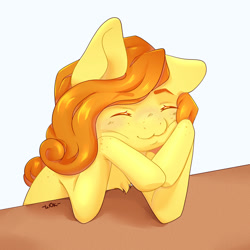 Size: 2000x2000 | Tagged: safe, artist:шок, oc, oc only, oc:anna pine, earth pony, pony, :3, curly mane, eyes closed, freckles, hood, long hair, orange mane, simple background, sitting, smiling, solo, yellow coat