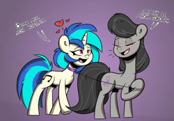 Size: 1800x1250 | Tagged: safe, artist:la hum, dj pon-3, octavia melody, vinyl scratch, earth pony, pony, unicorn, g4, blush lines, blushing, collar, cyrillic, duo, duo female, emanata, eyes closed, female, floating heart, heart, horn, leash, lesbian, open mouth, open smile, pet play, russian, ship:scratchtavia, shipping, smiling, translated in the comments