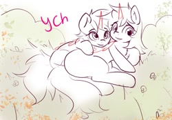 Size: 1280x889 | Tagged: safe, artist:kristina, oc, pony, any race, butt, commission, couple, cuddling, cute, duo, horn, hug, lying down, on side, plot, ych sketch, your character here