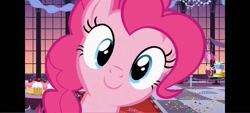 Size: 1600x720 | Tagged: safe, screencap, pinkie pie, earth pony, pony, g4, season 2, sweet and elite, balloon, confetti, female, looking at you, mare, pillarboxing, present, smiling, solo