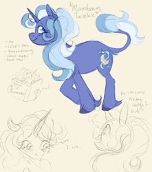 Size: 1500x1700 | Tagged: safe, artist:abbytabbys, part of a set, oc, oc only, oc:moonbeam twinkle, classical unicorn, pony, unicorn, alternate universe, blue coat, blue eyes, blue hooves, blue mane, blue pupils, blue tail, blush lines, blushing, book, cloven hooves, colored eyebrows, colored hooves, colored pupils, colored sketch, eyelashes, female, female oc, fetlock tuft, hoof hold, hooves, horn, leonine tail, life's an adventure au, long mane, looking back, mare, mare oc, multiple angles, open mouth, open smile, profile, simple background, sketch, smiling, solo, tail, tail fluff, unicorn horn, unicorn oc, unshorn fetlocks, wavy mane, wavy tail, yellow background