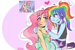 Size: 1800x1200 | Tagged: safe, artist:scisetstarlight, idw, fluttershy, rainbow dash, human, equestria girls, g4, blushing, butterfly hairpin, duo, duo female, eye clipping through hair, eyebrows, eyebrows visible through hair, eyeshadow, female, floating heart, hand on face, hand on shoulder, heart, lesbian, looking at each other, looking at someone, makeup, multicolored hair, ponytail, rainbow hair, scene interpretation, ship:flutterdash, shipping, signature, sitting, smiling, smiling at each other