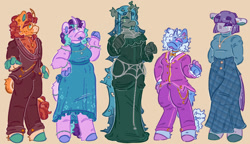 Size: 1500x863 | Tagged: safe, artist:lichenbug, artist:tottallytoby, part of a set, maud pie, queen chrysalis, starlight glimmer, sunburst, trixie, changeling, changeling queen, earth pony, unicorn, anthro, unguligrade anthro, g4, :3, alternate design, alternate eye color, alternate hairstyle, alternate tailstyle, alternate universe, anklet, arm fluff, beanbrows, blaze (coat marking), blue coat, blue mane, blue tail, bobcut, body chain, bracelet, changeling horn, chest fluff, clothes, coat markings, colored ears, colored eartips, colored eyebrows, colored eyelashes, colored hooves, colored horn, colored mouth, colored muzzle, colored pinnae, colored tongue, curly mane, curly tail, curved horn, dot eyes, dress, dress pants, ear piercing, earring, eye clipping through hair, eyebrows, eyebrows visible through hair, eyeshadow, facial markings, fangs, female, fetlock tuft, finger hooves, floppy ears, friends, gala dress, gala outfit, glasses, gloves, gray body, gray coat, green dress, green eyelashes, green eyes, green eyeshadow, group, hand on hip, hands behind back, height difference, hock fluff, hooves, horn, horn jewelry, horn ring, jewelry, leg markings, leonine tail, lidded eyes, long dress, long mane, long skirt, long tail, looking back, looking to the left, looking to the right, makeup, male, mare, necklace, no mouth, open mouth, open smile, orange background, orange coat, pale muzzle, pants, pencil skirt, physique difference, piercing, pink coat, pink eyes, pink hooves, plaid skirt, profile, purple blush, purple eyes, purple eyeshadow, purple hooves, purple mane, purple mouth, purple tail, purple tongue, quintet, raised arm, ring, round glasses, shirt, short hair, short mane, simple background, skirt, sleeveless, sleeveless dress, small horn, smiling, snip (coat marking), socks (coat markings), spots, stallion, standing, straight mane, straight tail, suit, tail, tail fluff, tail markings, teal eyes, teal hooves, teal mane, teal tail, thick eyebrows, three quarter view, torn ear, turtleneck, two toned horn, two toned mane, two toned tail, unicorn horn, wall of tags