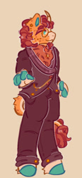 Size: 400x863 | Tagged: safe, artist:lichenbug, artist:tottallytoby, part of a set, sunburst, unicorn, anthro, unguligrade anthro, g4, alternate design, alternate tailstyle, alternate universe, blaze (coat marking), chest fluff, clothes, coat markings, colored eyebrows, colored hooves, colored horn, colored muzzle, colored pinnae, curly mane, curly tail, curved horn, dot eyes, dress pants, facial markings, fetlock tuft, finger hooves, gala outfit, glasses, hooves, horn, leg markings, leonine tail, looking to the right, male, orange background, orange coat, pale muzzle, pants, profile, raised arm, round glasses, shirt, simple background, smiling, snip (coat marking), socks (coat markings), solo, spots, stallion, standing, suit, tail, tail markings, teal eyes, teal hooves, two toned mane, two toned tail, unicorn horn, wall of tags