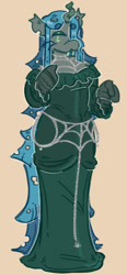 Size: 400x863 | Tagged: safe, artist:lichenbug, part of a set, queen chrysalis, changeling, changeling queen, anthro, g4, alternate design, alternate universe, beanbrows, body chain, changeling horn, clothes, colored eyebrows, colored eyelashes, dot eyes, dress, eyebrows, eyeshadow, fangs, female, gala dress, gala outfit, gloves, gray body, green dress, green eyelashes, green eyes, green eyeshadow, horn, jewelry, long dress, long mane, long tail, looking back, makeup, orange background, raised arm, simple background, solo, standing, straight mane, straight tail, tail, teal mane, teal tail, three quarter view, torn ear, two toned mane, two toned tail, wall of tags