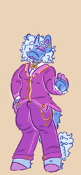 Size: 400x863 | Tagged: safe, artist:lichenbug, part of a set, trixie, unicorn, anthro, unguligrade anthro, g4, :3, alternate design, alternate eye color, alternate hairstyle, alternate tailstyle, alternate universe, blue coat, blue mane, blue tail, clothes, coat markings, colored eyebrows, colored hooves, colored horn, colored mouth, colored pinnae, curly mane, curly tail, dot eyes, dress pants, eyebrows, eyebrows visible through hair, eyeshadow, fetlock tuft, finger hooves, gala outfit, hand on hip, hooves, horn, leg markings, leonine tail, lidded eyes, makeup, open mouth, open smile, orange background, pink eyes, pink hooves, purple eyeshadow, purple mouth, raised arm, simple background, small horn, smiling, socks (coat markings), solo, standing, suit, tail, tail fluff, three quarter view, two toned tail, unicorn horn