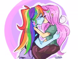 Size: 2048x1536 | Tagged: safe, artist:scisetstarlight, fluttershy, rainbow dash, human, equestria girls, g4, abstract background, butterfly hairpin, circle background, duo, duo female, ear piercing, earring, eyes closed, female, hairclip, holding each other, jewelry, kissing, lesbian, multicolored hair, piercing, rainbow hair, ship:flutterdash, shipping, signature