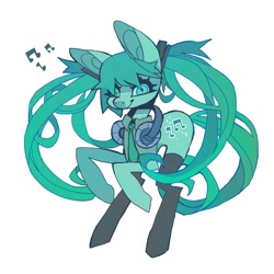 Size: 1058x1058 | Tagged: safe, artist:cutesykill, earth pony, pony, anime, bangs, big ears, black socks, blue coat, blue eyes, blue mane, blue sclera, blue tail, clothes, coat markings, colored pinnae, colored sclera, eyelashes, facial markings, female, hair accessory, hatsune miku, headphones, headphones around neck, long legs, long mane, long socks, long tail, mane accessory, mare, necktie, no catchlights, pigtails, ponified, rearing, simple background, slender, slit pupils, smiling, snip (coat marking), socks, solo, tail, thick eyelashes, thin, thin legs, twintails, vest, vocaloid, white background