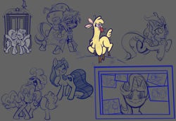 Size: 5700x3900 | Tagged: safe, artist:yellowthunder47, autumn blaze, cheese sandwich, paprika (tfh), pinkie pie, starlight glimmer, oc, alpaca, earth pony, kirin, unicorn, them's fightin' herds, celestial advice, g4, pinkie pride, road to friendship, sounds of silence, the mean 6, absurd resolution, big smile, cheek to cheek, community related, crying, eye clipping through hair, gray background, horn, hug, messy mane, mirror, one eye closed, open mouth, open smile, scene interpretation, simple background, sketch, sketch dump, smiling, standing on two hooves, tears of joy, teary eyes, tongue out, trixie's wagon, wagon, wavy mouth, we're friendship bound