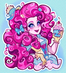 Size: 1831x2048 | Tagged: safe, artist:libbly_libby, pinkie pie, human, equestria girls, g4, bow, candy, candy in hair, clothes, cupcake, female, food, gloves, hair bow, hat, looking at you, macaron, magenta pupils, open mouth, open smile, outline, smiling, solo, white outline