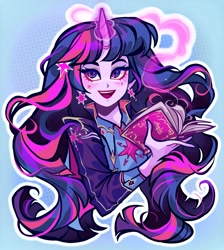 Size: 1831x2048 | Tagged: safe, artist:libbly_libby, twilight sparkle, human, equestria girls, g4, book, clothes, cutie mark accessory, cutie mark earrings, cutie mark on clothes, ear piercing, earring, female, glowing, glowing horn, holding a book, horn, jacket, jewelry, light blue background, magic, magic aura, magic book, open mouth, open smile, outline, piercing, simple background, smiling, solo, white outline