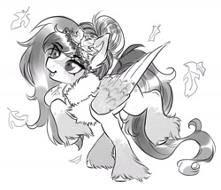 Size: 1532x1313 | Tagged: safe, artist:opalacorn, oc, oc only, oc:mabel, pegasus, pony, autumn, black and white, falling leaves, female, grayscale, leaves, mare, monochrome, simple background, solo, standing on two hooves, unshorn fetlocks, white background