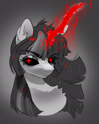 Size: 1755x2208 | Tagged: safe, artist:opalacorn, twilight sparkle, unicorn, g4, black sclera, bust, chest fluff, curved horn, ear fluff, female, glowing, glowing eyes, glowing horn, grayscale, horn, mare, monochrome, neo noir, partial color, red eyes, solo