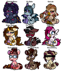 Size: 4020x4755 | Tagged: safe, artist:sexygoatgod, oc, oc only, oc:chocolate chunk, oc:crafty whistle, oc:gertrude, oc:glitter gloss, oc:lily belle, oc:midnight bloom, oc:search history, oc:tin trinket, oc:tulip petal, bat pony, bicorn, earth pony, griffon, hippogriff, hybrid, pegabat, pegasus, pony, unicorn, adoptable, amputee, censor bar, censored, censored eyes, chibi, female, horn, male, multiple horns, prosthetic leg, prosthetic limb, prosthetics, simple background, transparent background