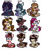 Size: 4020x4755 | Tagged: safe, artist:sexygoatgod, oc, oc only, oc:chocolate chunk, oc:crafty whistle, oc:gertrude, oc:glitter gloss, oc:lily belle, oc:midnight bloom, oc:search history, oc:tin trinket, oc:tulip petal, bat pony, bicorn, earth pony, griffon, hippogriff, hybrid, pegabat, pegasus, pony, unicorn, adoptable, amputee, blushing, censor bar, censored, censored eyes, chibi, female, horn, male, multiple horns, prosthetic leg, prosthetic limb, prosthetics, simple background, transparent background