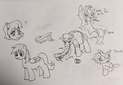 Size: 2048x1424 | Tagged: safe, artist:pony quarantine, rainbow dash, oc, oc:dyx, oc:okie dokey loki, alicorn, pegasus, pony, g4, cigarette, dent, eating, food, grayscale, hoagie, magical lesbian spawn, monochrome, offspring, older, older dyx, parent:oc:dyx, parent:oc:filly anon, parents:oc x oc, pen drawing, pregnant, question mark, sandwich, smoking, traditional art