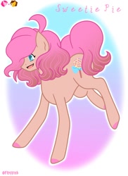 Size: 1275x1750 | Tagged: safe, artist:ocean-drop, cheese sandwich, pinkie pie, oc, oc only, oc:sweetie pie, earth pony, pony, g4, bio in description, colored hooves, colored pupils, concave belly, female, gradient mane, hooves, mare, name, offspring, open mouth, open smile, parent:cheese sandwich, parent:pinkie pie, parents:cheesepie, smiling