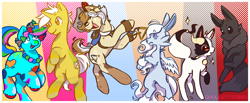 Size: 1938x799 | Tagged: safe, artist:ghoulette0884, oc, oc only, earth pony, eevee, pony, unicorn, semi-anthro, group, horn, pokémon, smiling