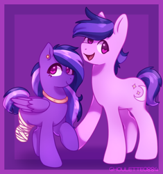 Size: 1122x1195 | Tagged: safe, artist:ghoulette0884, oc, oc only, earth pony, pegasus, pony, amputee, bandage, bandaged leg, duo, duo male and female, female, male, mare, missing limb, open mouth, open smile, purple coat, red eyes, smiling, stallion, standing on two hooves