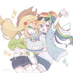 Size: 3537x3537 | Tagged: safe, artist:benyingxinruhuai, applejack, rainbow dash, human, g4, :d, :o, anime, anime style, cake, clothes, duo, duo female, female, food, glasses, holding, humanized, jacket, lesbian, open mouth, open smile, raised arm, ship:appledash, shipping, simple background, smiling, sunglasses, sunglasses on head, white background