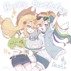 Size: 3537x3537 | Tagged: safe, artist:benyingxinruhuai, applejack, rainbow dash, human, g4, :d, :o, anime, anime style, cake, clothes, duo, duo female, female, food, glasses, happy birthday, holding, humanized, jacket, lesbian, open mouth, open smile, raised arm, ship:appledash, shipping, simple background, smiling, sunglasses, sunglasses on head, white background