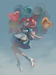 Size: 3000x4000 | Tagged: safe, artist:echo584241, pinkie pie, human, g4, anime, anime style, balloon, blue sky, clothes, dress, equestria girls outfit, floating, full body, heart, heart balloon, humanized, painting, roller skates, skates, sky, slender, solo, then watch her balloons lift her up to the sky, thin