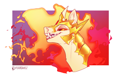 Size: 2931x1822 | Tagged: safe, artist:kez, daybreaker, alicorn, pony, g4, armor, bust, eyeshadow, female, fire, gradient background, grin, lidded eyes, makeup, mane of fire, mare, portrait, sharp teeth, signature, smiling, solo, teeth