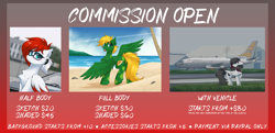 Size: 3235x1567 | Tagged: safe, artist:rieyadraws, oc, oc only, oc:aerobeat, oc:jet blast, oc:turtle, earth pony, pegasus, advertisement, beach, car, commission, commission info, glasses, gradient background, looking at you, palm tree, plane, price sheet, tongue out, tree