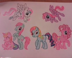 Size: 1280x1024 | Tagged: artist needed, safe, minty, pinkie pie, rainbow dash (g3), rarity (g3), star catcher, starsong, earth pony, pegasus, pony, unicorn, g3, g4, bipedal, coat markings, colored pencils, curly hair, curly mane, curly tail, drawing, eyes closed, female, flying, g3 to g4, generation leap, group, horn, laughing, looking down, multicolored hair, open mouth, open smile, rainbow hair, rainbow tail, raised hoof, raised leg, sitting, smiling, standing, tail, traditional art, walking, wings