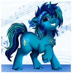 Size: 3257x3329 | Tagged: safe, artist:pridark, oc, oc only, oc:rocky blues, pony, unicorn, chest fluff, commissioner:legionofblues, horn, music notes, solo, unicorn oc, unshorn fetlocks