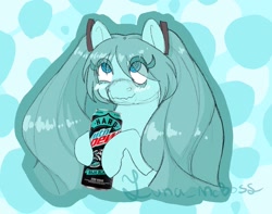 Size: 1428x1123 | Tagged: safe, artist:luna_mcboss, earth pony, pony, alcohol, anime, blue background, blue coat, blue eyes, blue mane, blushing, bust, drink, drunk, eye clipping through hair, hatsune miku, holding, long hair, looking up, mountain dew, pigtails, ponified, solo, swirly eyes, twintails, vocaloid