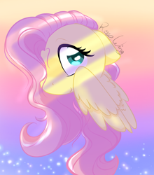 Size: 1238x1408 | Tagged: safe, artist:flutterbug18, fluttershy, pegasus, pony, g4, bust, cute, female, floppy ears, gradient background, hair over one eye, looking at you, mare, shyabetes, signature, smiling, smiling at you, solo