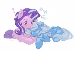 Size: 2048x1576 | Tagged: safe, artist:neexsa, starlight glimmer, trixie, pony, unicorn, g4, duo, duo female, exclamation point, female, horn, lesbian, mare, onomatopoeia, ship:startrix, shipping, simple background, sleeping, sound effects, white background, zzz