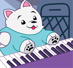 Size: 1066x1002 | Tagged: safe, artist:prixy05, screencap, cloudpuff, dog, flying pomeranian, pomeranian, g5, my little pony: tell your tale, clothes, cloudbetes, cute, i can't believe it's not hasbro studios, keyboard, keyboard cat, male, musical instrument, shirt, solo, tongue out, winged dog, wings