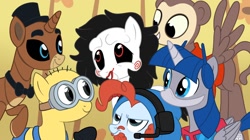 Size: 1200x671 | Tagged: safe, artist:youtooz, applejack, fluttershy, pinkie pie, rainbow dash, rarity, twilight sparkle, alicorn, earth pony, pegasus, pony, unicorn, g4, billy the puppet, crossover, cursed image, despicable me, five nights at freddy's, freddy fazbear, horn, mane six, minions, optimus prime, ponified, saw (movie), transformers, youtooz