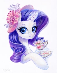 Size: 1017x1300 | Tagged: safe, artist:maytee, rarity, pony, unicorn, g4, colored pencil drawing, cup, eyeshadow, female, glowing, glowing horn, hat, horn, levitation, looking at you, magic, magic aura, makeup, mare, simple background, smiling, smiling at you, solo, teacup, telekinesis, traditional art, white background