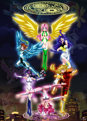 Size: 3189x4427 | Tagged: safe, alternate version, artist:mauroz, applejack, fluttershy, pinkie pie, rainbow dash, rarity, twilight sparkle, alicorn, earth pony, human, pegasus, pony, unicorn, g4, absurd file size, anime, anime style, horn, humanized, mane six