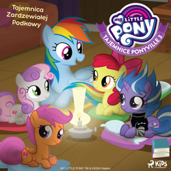 Size: 640x640 | Tagged: safe, apple bloom, lilymoon, rainbow dash, scootaloo, sweetie belle, earth pony, pegasus, pony, unicorn, g4, my little pony: ponyville mysteries, official, riddle of the rusty horseshoe, book, book cover, bow, clothes, couch, cover, cute, female, filly, foal, folded wings, hair bow, horn, lamp, light, logo, looking at each other, looking at someone, lying down, mare, merchandise, nervous, open mouth, pillow, polish, sleeping bag, sleepover, slumber party, smiling, the cmc's cutie marks, wings, wooden floor